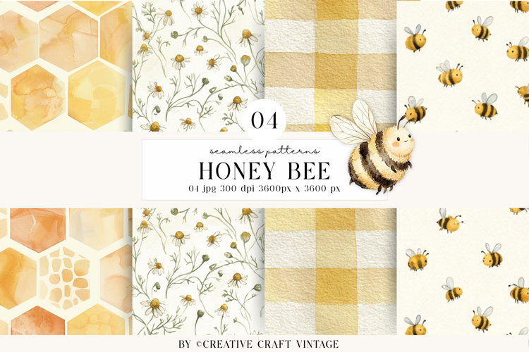 Honey Bee Seamless Pattern, digital paper watercolor vintage