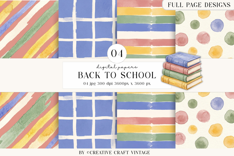 Back To School Digital Papers, watercolor scrapbook designs