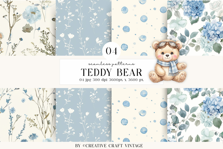 Teddy Bear Seamless Patterns, watercolor papers, vintage