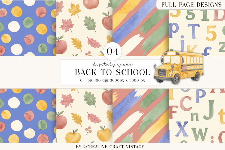 Back To School Digital Papers, watercolor scrapbook designs