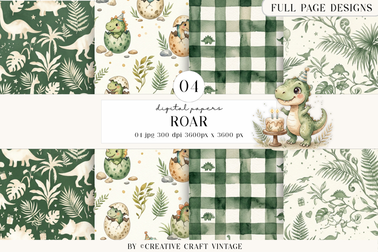 Cute Dinosaur Digital Papers, watercolor birthday designs