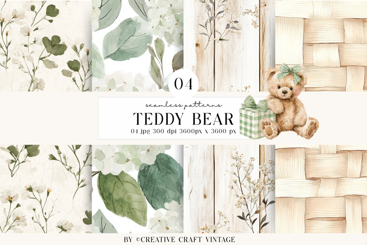 Teddy Bear Seamless Patterns, watercolor papers, vintage