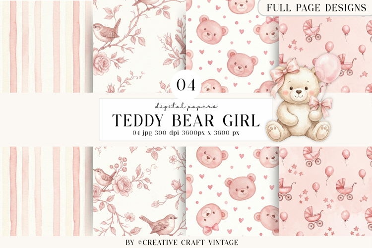 Teddy Bear Girl Digital Papers, watercolor background design