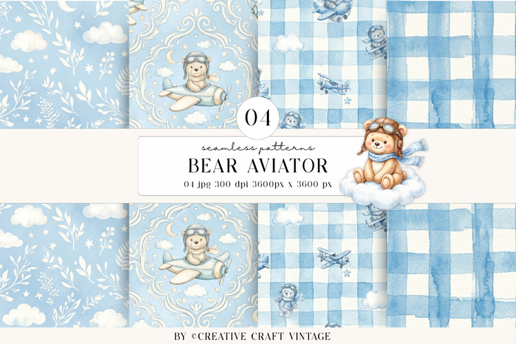 Bear Aviator Seamless Patterns, watercolor illustrations