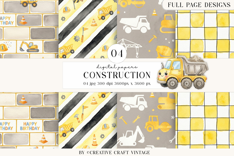 Construction Digital Papers, watercolor vintage illustration