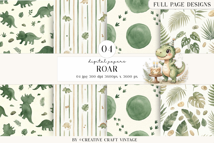Cute Dinosaur Digital Papers, watercolor birthday designs
