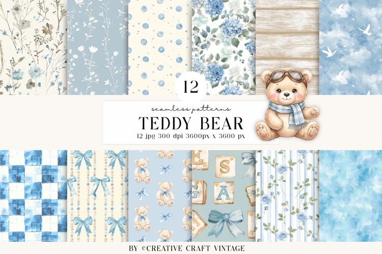 Teddy Bear Seamless Patterns, watercolor papers, vintage