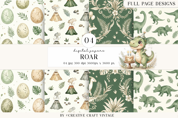 Cute Dinosaur Digital Papers, watercolor birthday designs