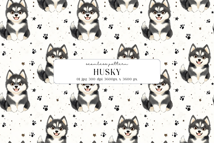 Husky Puppy Watercolor Seamless Pattern, Digital Paper
