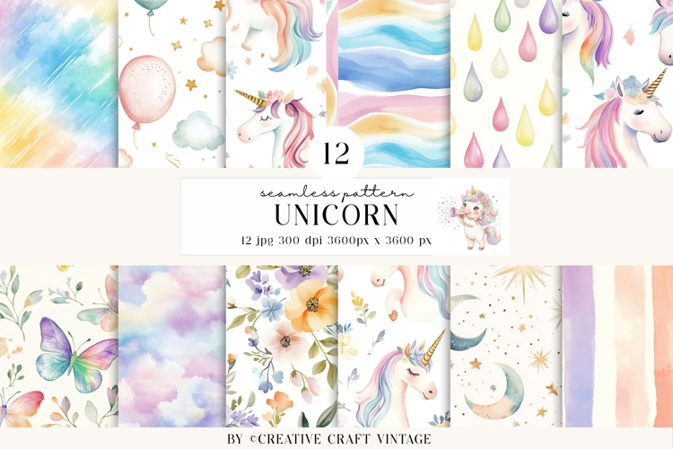 Unicorn Seamless Patterns, watercolor digital papers