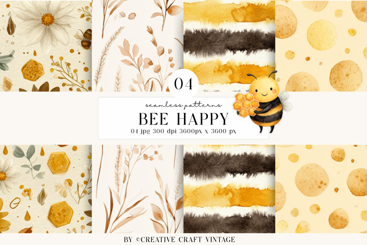 Honey Bee Seamless Pattern, digital paper watercolor vintage