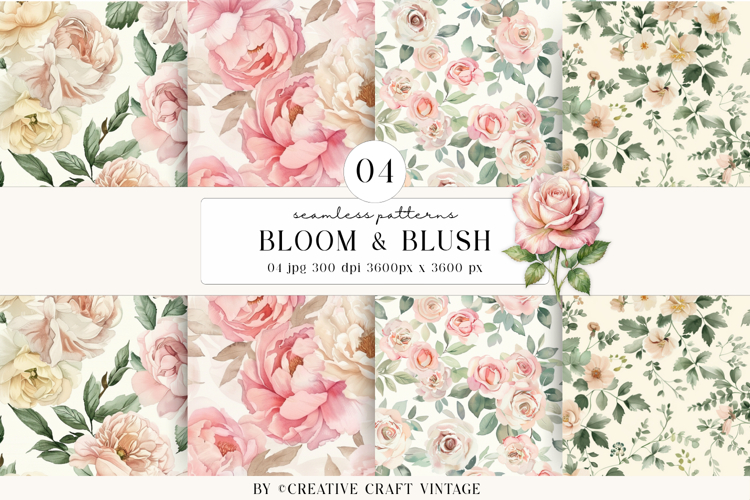 Watercolor Blooms Seamless Patterns, vintage scrapbooking