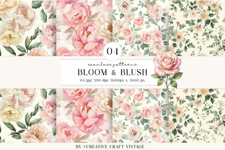Watercolor Blooms Seamless Patterns, vintage scrapbooking
