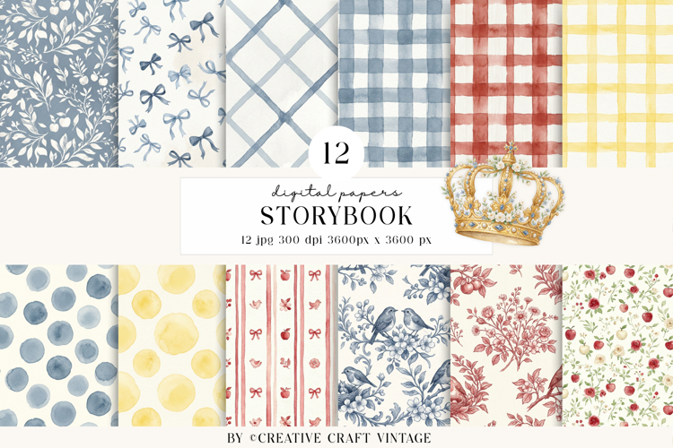 Storybook Princess Digital Papers, watercolor illustrations