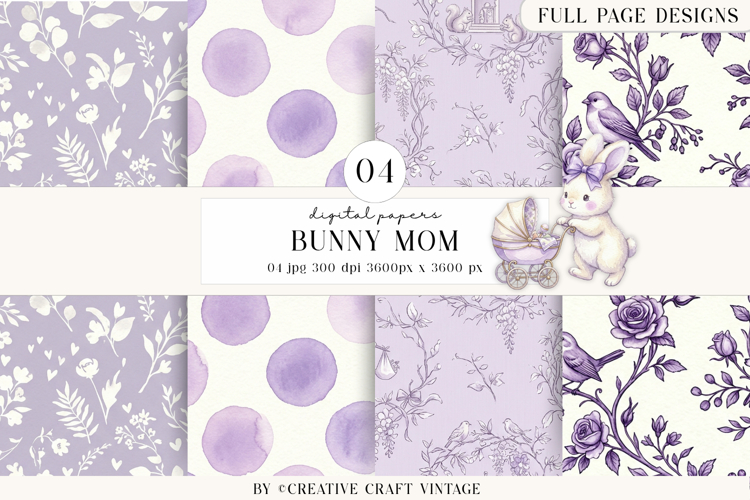 Bunny Mom Digital Papers, watercolor, vintage illustrations