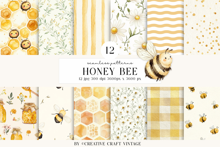 Honey Bee Seamless Pattern, digital paper watercolor vintage