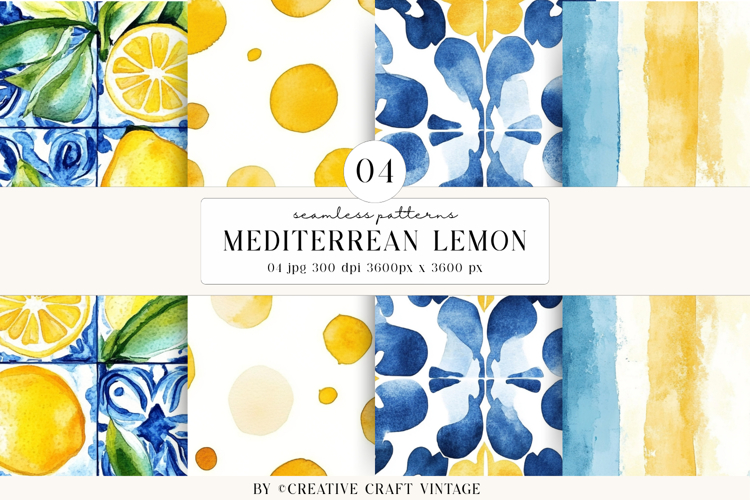 Mediterranean Lemon Seamless Patterns Watercolor Papers