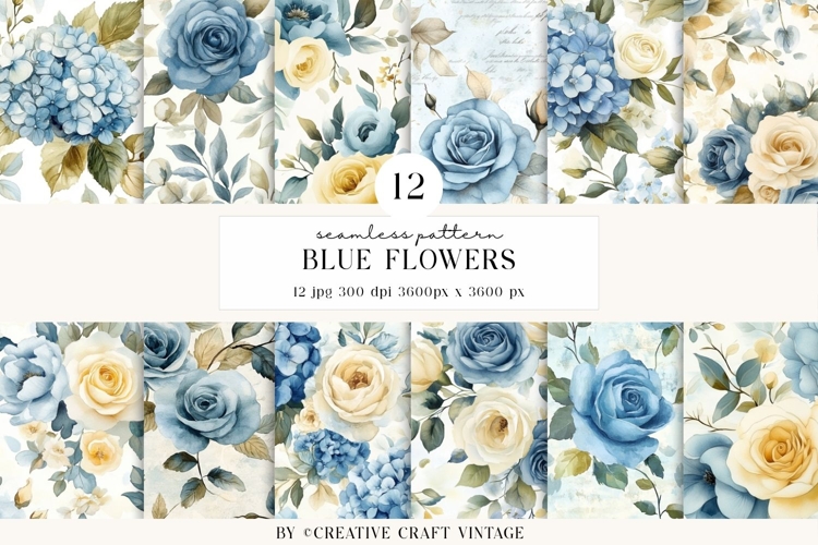 Blue Floral Seamless Patterns, digital papers, watercolor