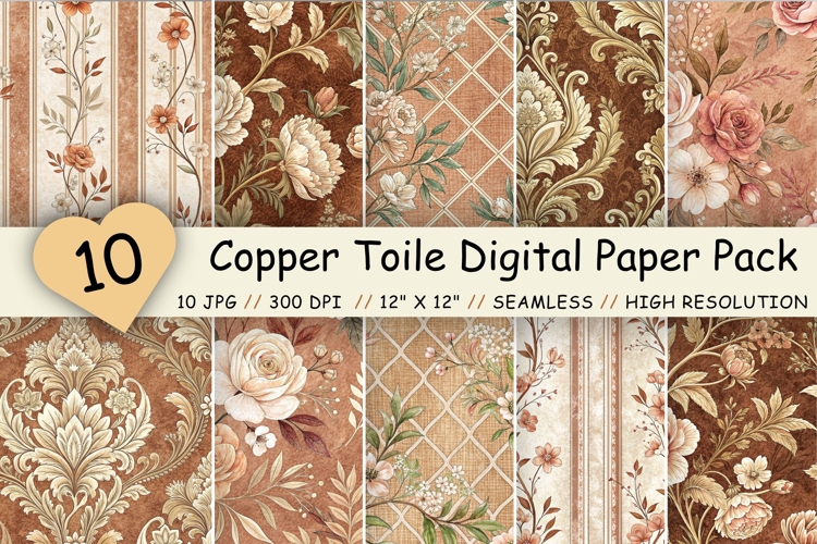 Copper Toile Digital Paper Pack, Vintage Floral Toile