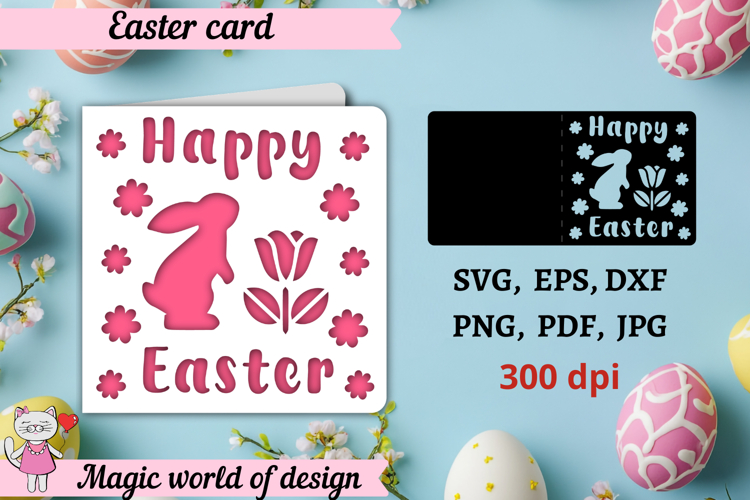 Happy Easter card svg, Bunny with Flowers paper cutting