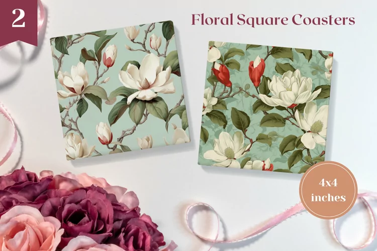 Floral Square Coaster Sublimation, Magnolia Sublimation PNG
