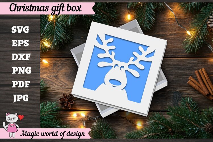 Christmas Reindeer Gift Box SVG, Cute Reindeer Papercut example image 1