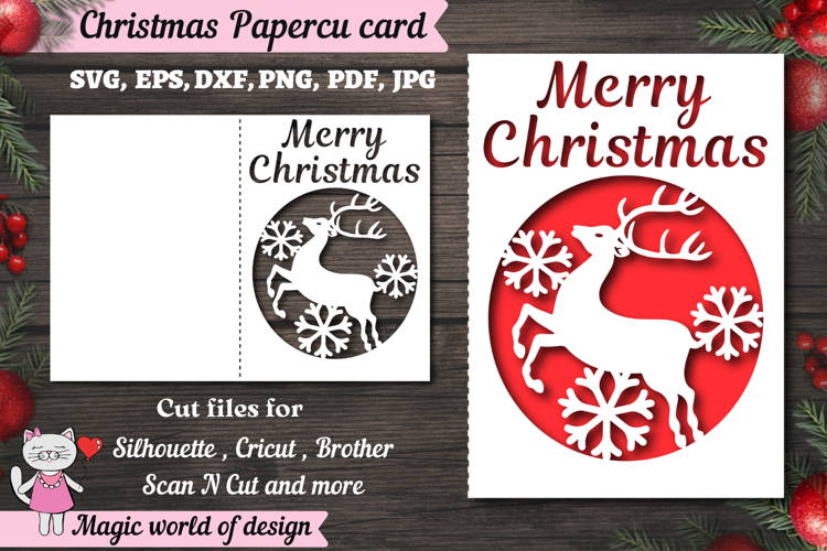Christmas deer card svg, xmas Snowflake Papercut Card