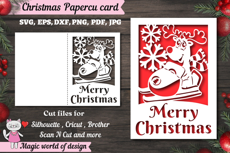 Christmas deer card svg, xmas Papercut Card