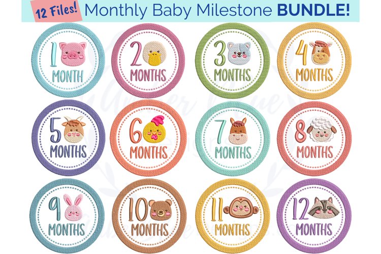 12 months baby milestone w animals embroidery file bundle 12 months baby milestone w animals embroidery file bundle