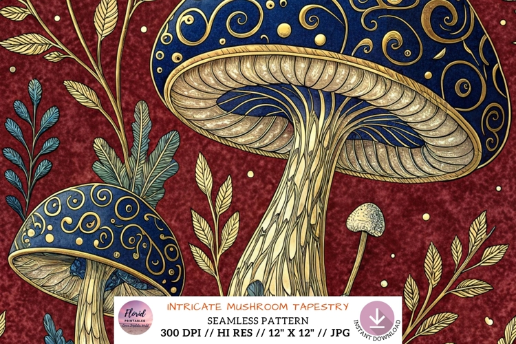 Intricate Mushroom Tapestry Digital Paper, Seamless Pattern