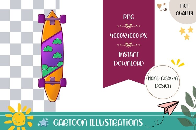 Hand Drawn Skateboard Illustration, Cartoon Skateboard PNG example image 1