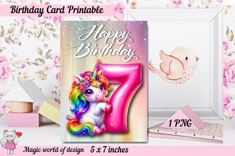 Unicorn 7th Happy Birthday Card, Printable png