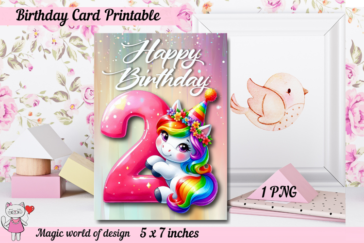 Unicorn 2th Happy Birthday Card, Printable png