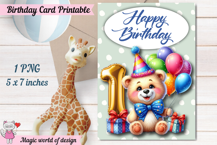 Teddy bear 1th Happy Birthday Card, Printable png