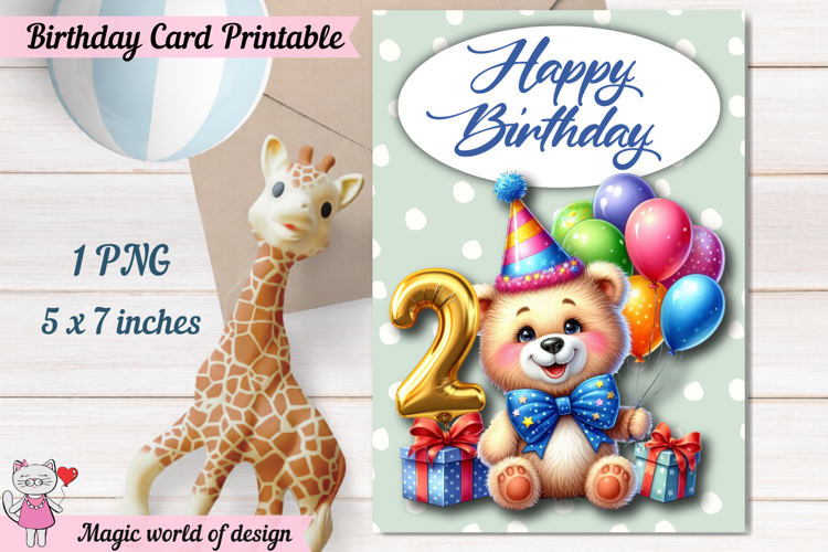 Teddy bear 2th Happy Birthday Card, Printable png
