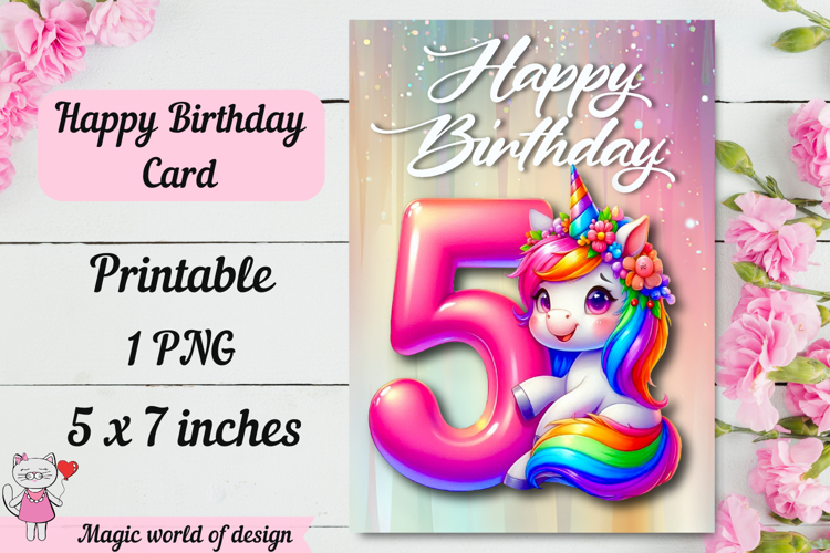 Unicorn 5th Happy Birthday Card, Printable png