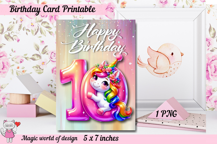 Unicorn 10th Happy Birthday Card, Printable png