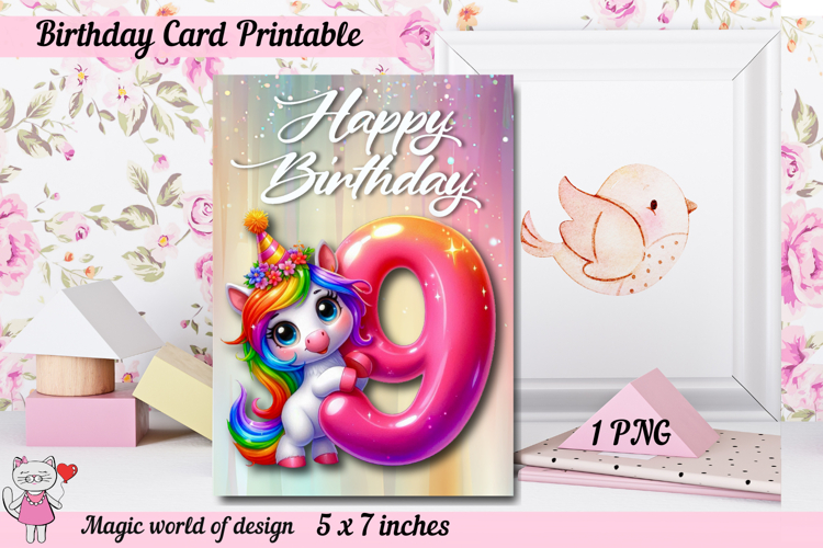 Unicorn 9th Happy Birthday Card, Printable png