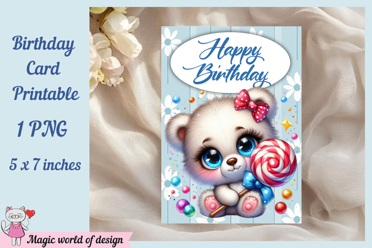 Printable Birthday Card with White Bear & Lollipop example image 1