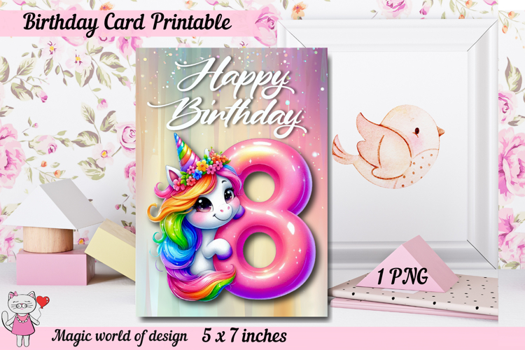 Unicorn 8th Happy Birthday Card, Printable png