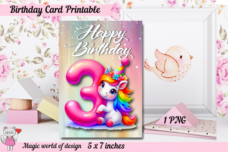Unicorn 3th Happy Birthday Card, Printable png