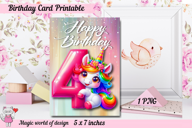 Unicorn 4th Happy Birthday Card, Printable png