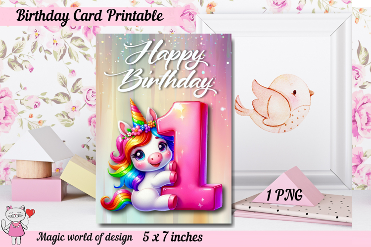 Unicorn 1th Happy Birthday Card, Printable png