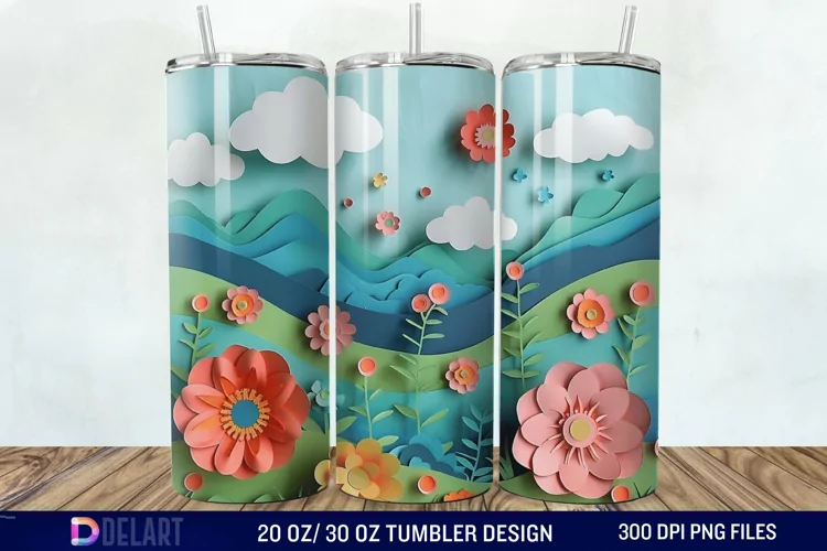 3D Paper Landscape Flower Tumbler Wrap