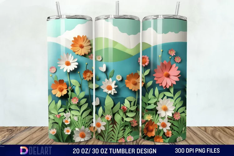 3D Paper Landscape Flower Tumbler Wrap