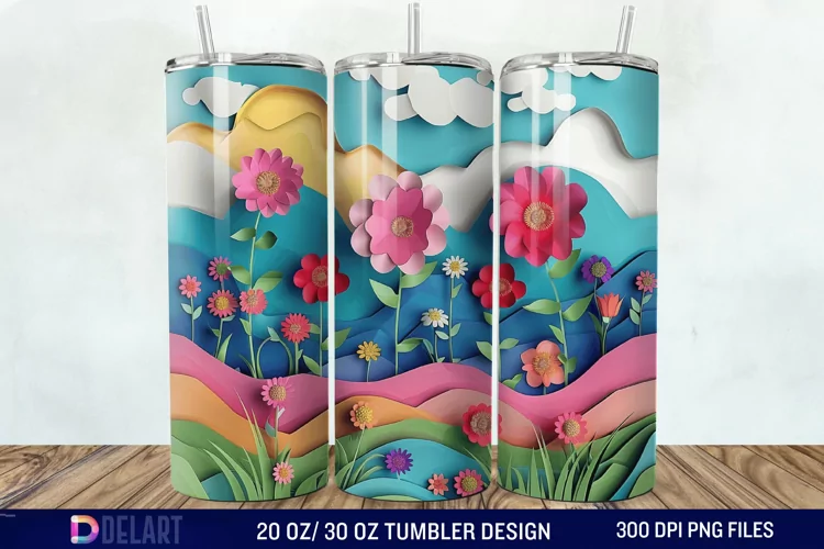 3D Paper Landscape Flower Tumbler Wrap