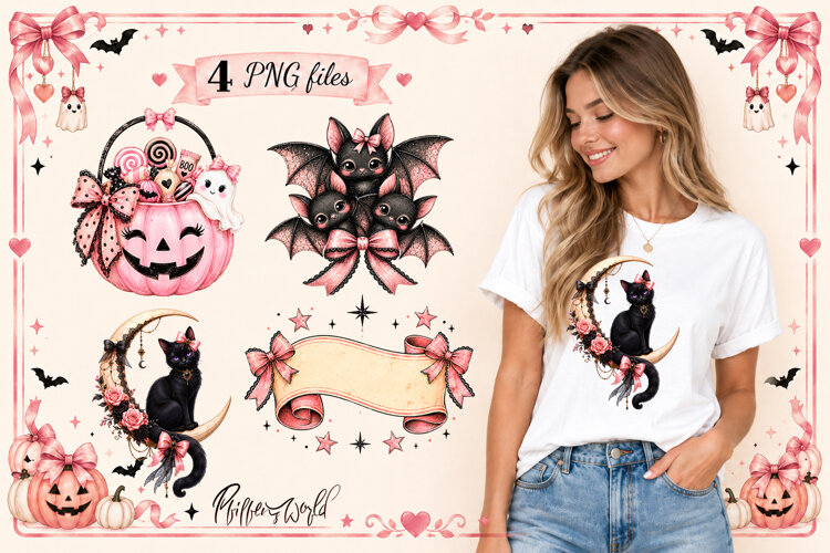 Coquette Halloween Sublimation Designs | Pink Spooky Clipart example image 1