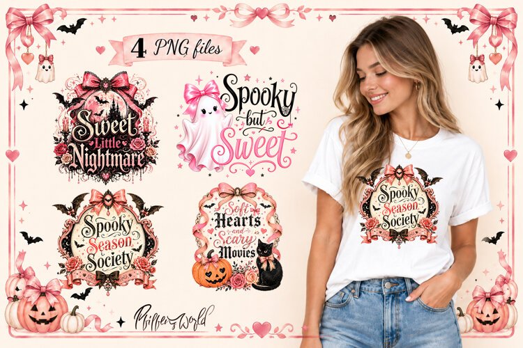 Coquette Halloween Sublimation Design | Ghost Cat Pumpkin example image 1