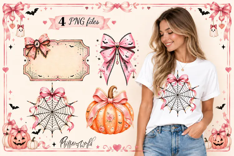 Pink Coquette Halloween PNG Spooky Bows and Pumpkin Clipart