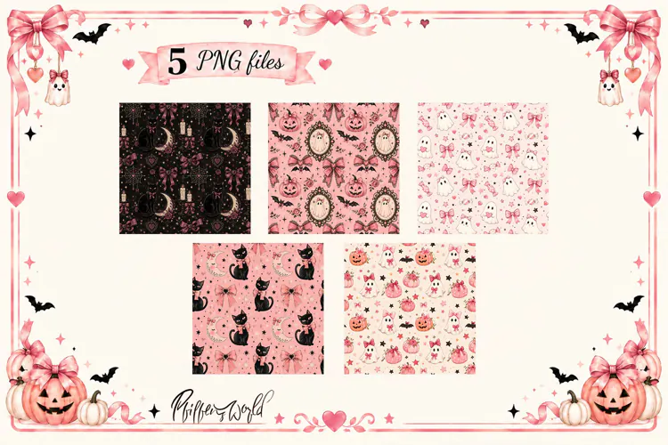 Pink Coquette Halloween Patterns PNG | 5 Digital Papers